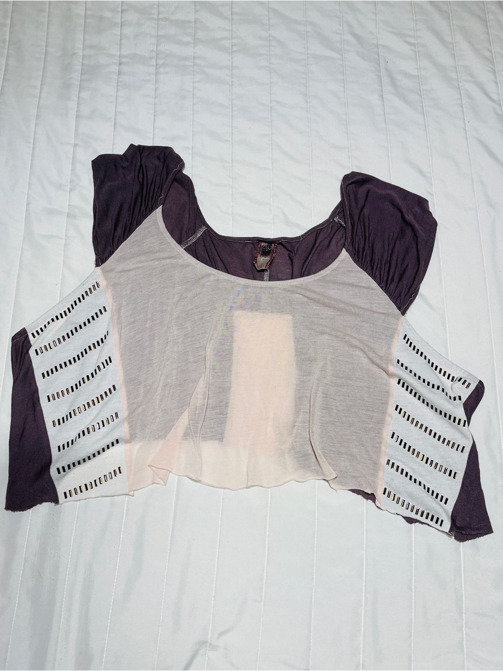 Free People Pink Panel Crop Top with Purple Puff Sleeves